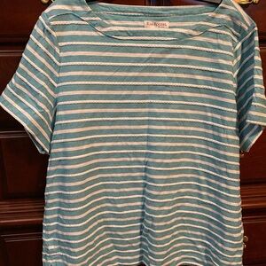 Kim Rogers Teal and White Striped Short Sleeve Top